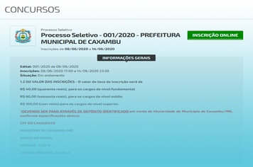 Processo Seletivo – 001/2020 – PREFEITURA MUNICIPAL DE CAXAMBU