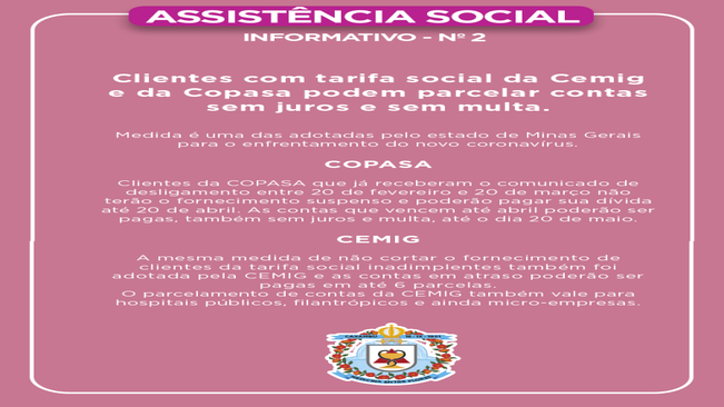 Clientes com tarifa social da CEMIG e da COPASA podem parcelar contas sem juros e sem multa.