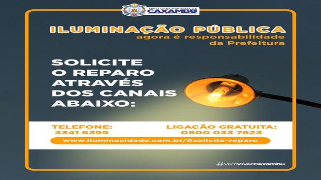 REPAROS NA ILUMINAÇÃO PÚBLICA EM CAXAMBU DEVEM SER SOLICITADOS PELO NÚMERO 0800 033 7623